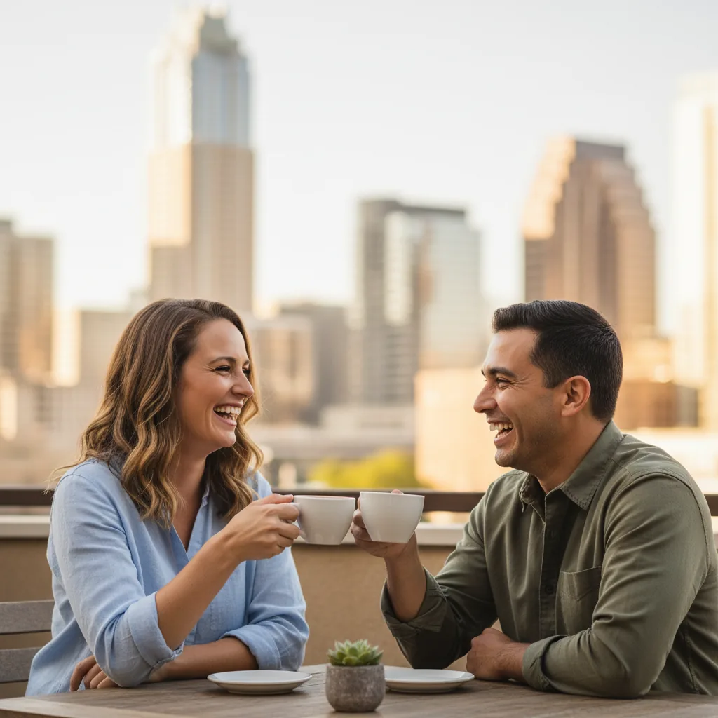 Smiling colleagues having coffee in downtown Austin