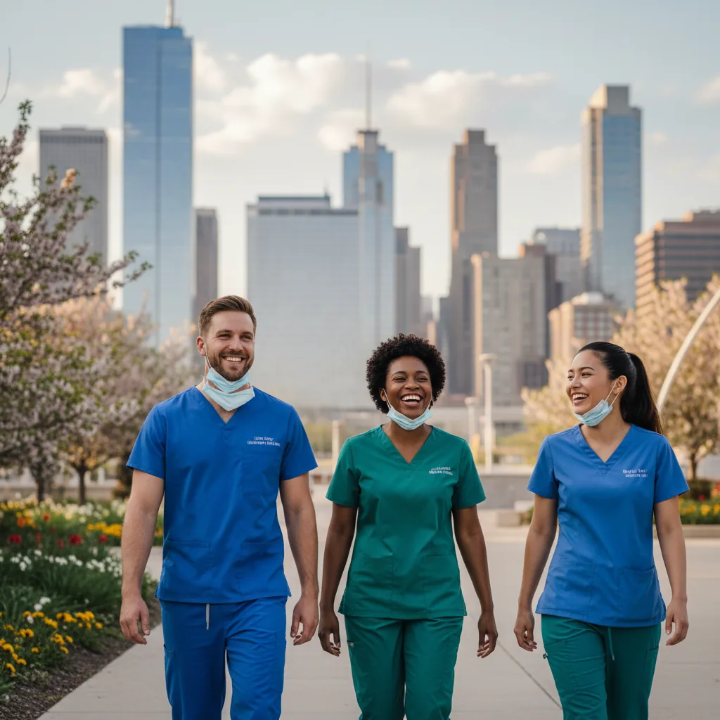 Smiling healthcare workers outside a Chicago hospital
