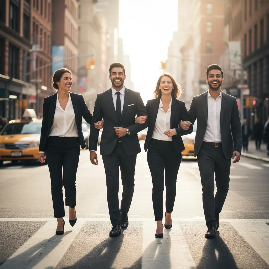 Smiling professionals crossing a Manhattan street