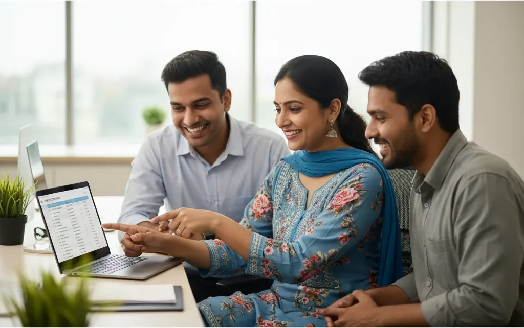 Three smiling colleagues reviewing a shortlist on a laptop in a bright office