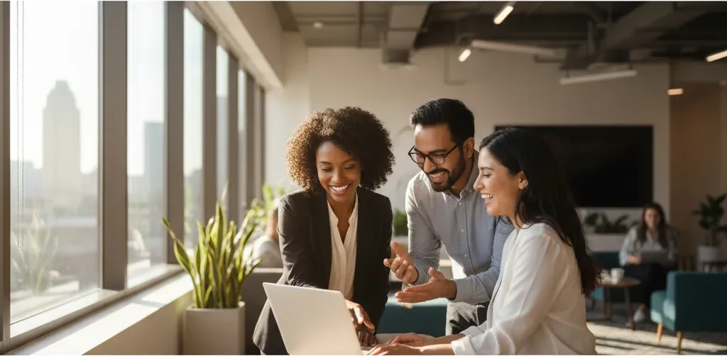 A smiling hiring team talking around a laptop in a sunlit office