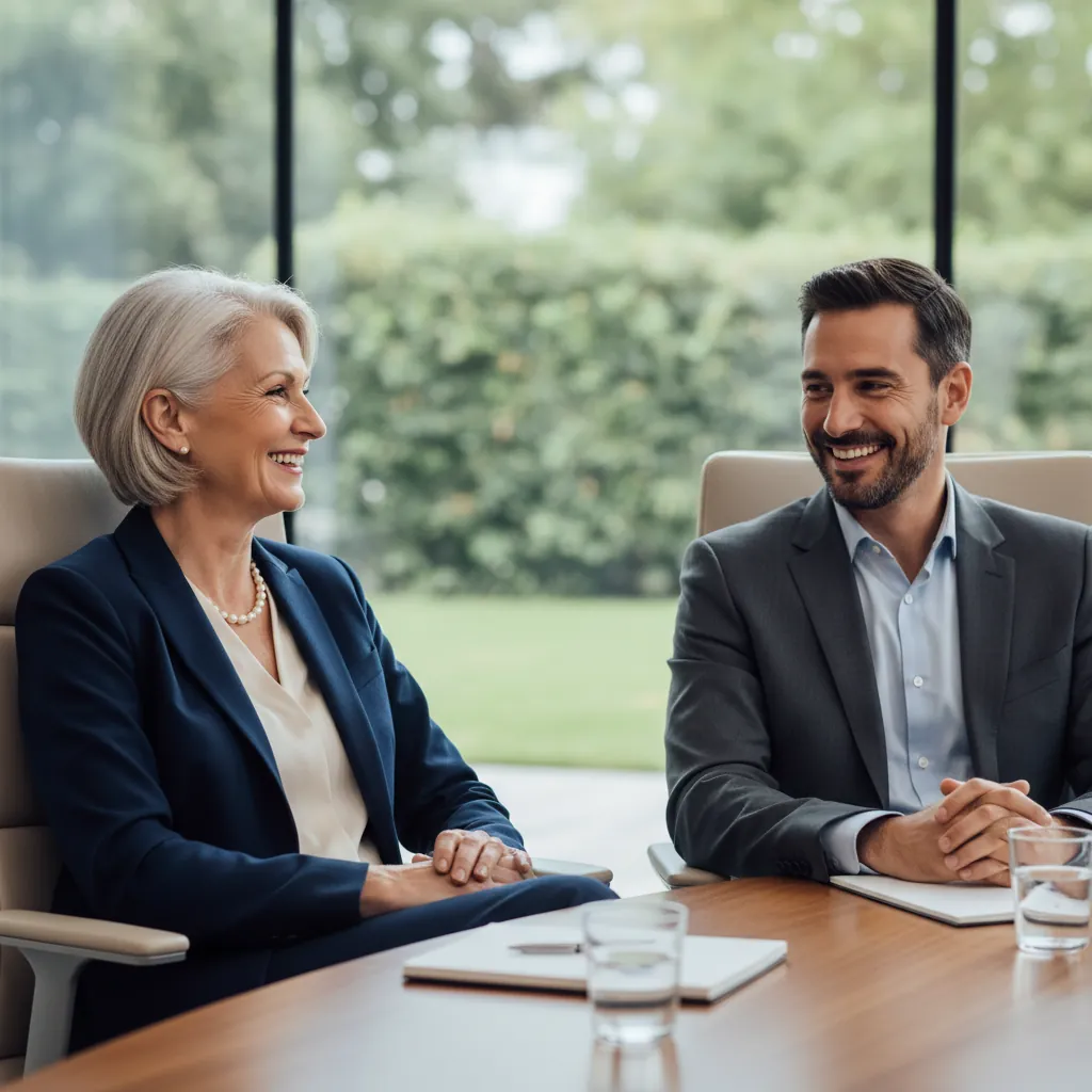 A smiling senior executive and a colleague in a private meeting room