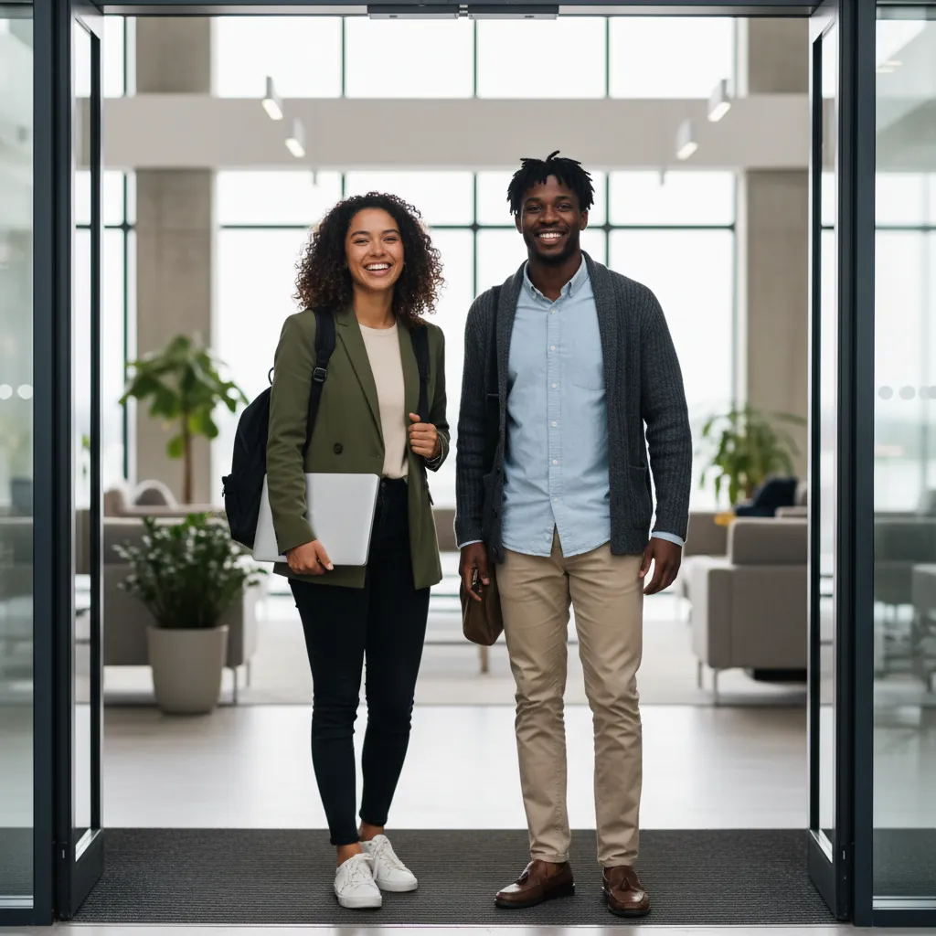 Two smiling recent graduates at the entrance of a modern office on their first day