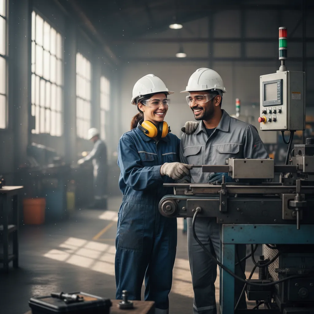 A smiling technician and supervisor inspecting a machine on a factory floor